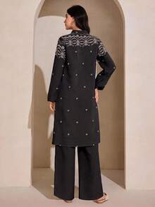 Graceveil 刺繡寬鬆外套與長褲女款日常阿拉伯服飾套裝 - 黑色 - 查看 3