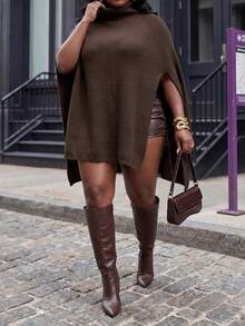 Slaydiva Plus Size Autumn/Winter Fashion Solid Color Stand Collar Cape Knit Dress - Brown - View 3