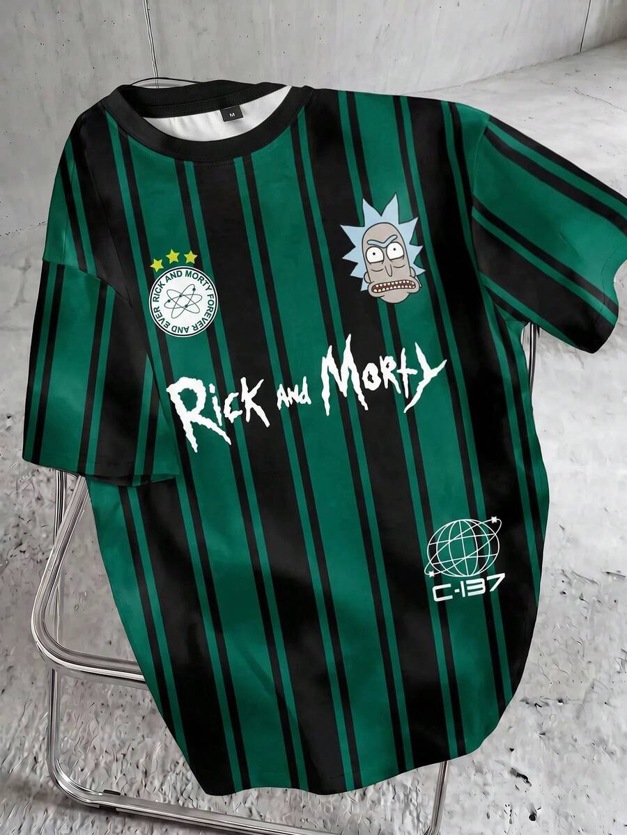 Rick and Morty X SHEIN 男士加大码字母条纹圆领短袖T恤 - 白色 - 查看 1