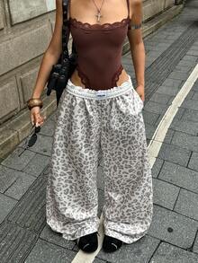 Coolane 女款時尚牛仔彈性腰豹紋寬鬆寬腿運動長褲 - 杏色 - 查看 6