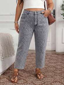 Breezaya Plus Size Women Leopard Print Pocket Button Casual Versatile Daily Wear Denim Jeans - Multicolor - View 5