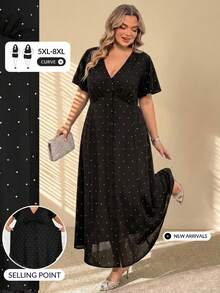 SHEIN CURVE+ 大尺碼法式波點印花單排扣V領洋裝 - 黑與白 - 查看 7
