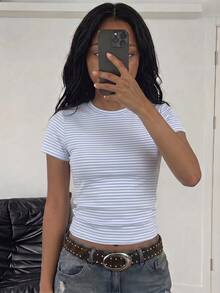 復古藍白條紋休閒風女童修身基本款舒適圓領貼身長版短袖T恤，適合春夏秋冬，適合戶外、街頭風、校園、開學季、秋季疊穿 - 彩色 - 查看 3