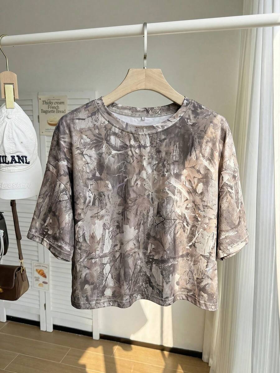 Comfortcana Summer Snow Wash Plus Size Short Sleeve T-Shirt Vacation Brown - Multicolor - View 1