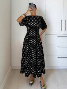 Siren Gaze Gaun Panjang Wanita Elegan Motif Polkadot untuk Perjalanan Sehari-hari - Hitam - View 1
