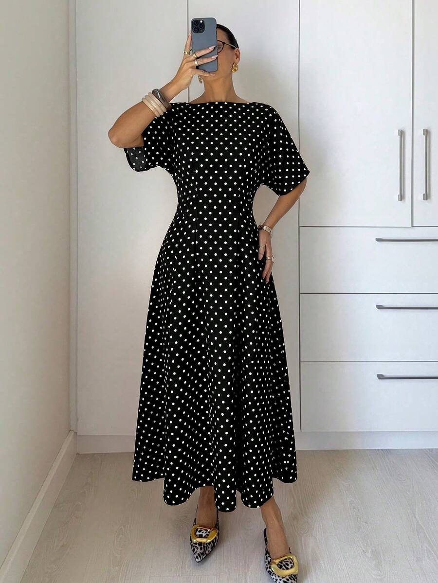 Siren Gaze Gaun Panjang Wanita Elegan Motif Polkadot untuk Perjalanan Sehari-hari - Hitam - View 1