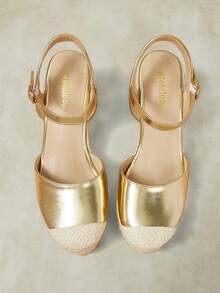 Styleloop أحذية نسائية، بني، أحذية من القش وحبل القنب مطرزة بالزهور، صنادل بكعب إسفين ومنصة، ملابس بوهيمية للعطلات تعزز الطول - الذهبي - مشاهدة 6