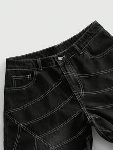ROMWE MEN 男士寬鬆弧形腿牛仔褲，附蜘蛛網刺繡 - 黑色 - 查看 4