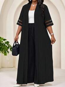 SHEIN Lady Plus Size Mesh Patchwork Cardigan And Drawstring Waist Textured Pants 2 Pieces Set - Black - View 4
