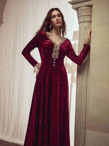 MOTF PREMIUM V-NECK GOLD LACE PATCHWORK VELVET JACQUARD WAIST-CINCHED A-LINE DRESS, ELEGANT & MINIMALIST - Burgundy - View 6