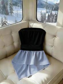 Franclia 女款優雅藍條紋黑色針織抹胸上衣，夏季早午餐穿搭，荷葉邊下擺休閒 Y2K 正式辦公穿著 - 黑色 - 查看 2