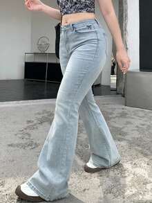 Dazy Plus Light Wash Vintage Stretch Skinny Flare Leg Jeans, Versatile Long Denim Pants Fall - Light Wash - View 4