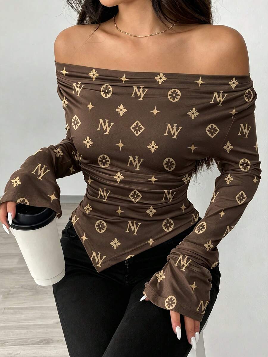 SHEIN 露肩不對稱領口收腰不對稱下擺針織T恤 - 棕色 - 查看 1