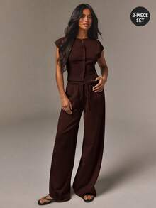Athîral 女款棕色單排扣無袖針織上衣與長褲2件套，適合夏季秋季度假機場休息室通勤穿搭，休閒套裝，外出穿搭 - 棕色 - 查看 5