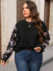 EMERY ROSE Plus Size Women's Patchwork Floral Print Crew Neck Long Sleeve Casual Sweatshirt Fall - Black - View 7