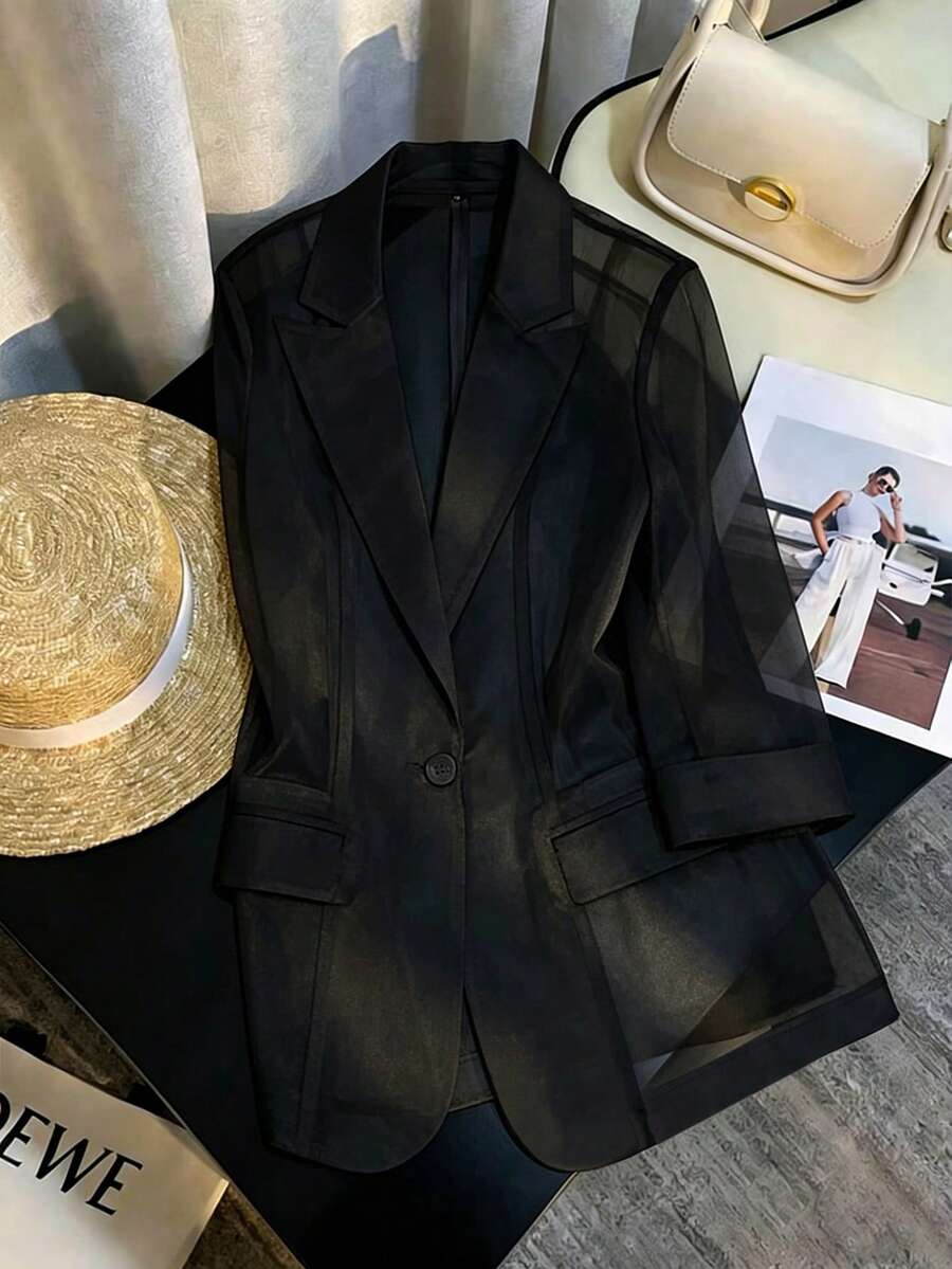 GlowEve 女士轻薄透视网纱西装外套,适合春夏日常穿着及办公场合。 - 黑色 - 查看 1