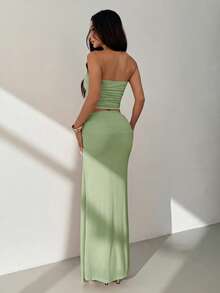 SHEIN PETITE Set Atasan Jala Model Bandeau & Rok Pinggang Rendah - Mint Green - View 2