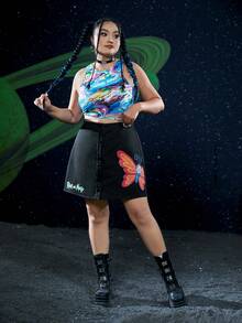 Rick and Morty X SHEIN Talla grande Falda con estampado de mariposa con botón delantero - Negro - Ver 5