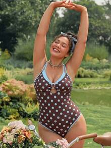Swim Mod Baju Renang Wanita Model One-Piece Ukuran Plus Musim Semi/Panas Terbaru 2026 Motif Polkadot Acak, Leher Bulat Lebar, Desain Cincin Putih di Bagian Tengah Depan, Tali Bahu Dua Warna yang Dapat Dilepas, Cocok untuk Liburan di Pantai - MultiWarna - View 3