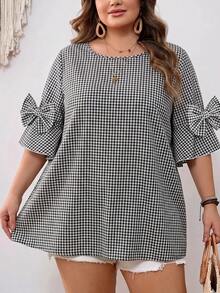 SHEIN CURVE+ 大码女式圆领格子休闲百搭日常衬衫 - 黑與白 - 查看 7