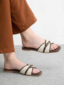 CUCCOO BIZCHIC Women's Spring/Summer New Patchwork Square Toe Soft Sole Flat Sandals With Metal Buckle Cross Strap, Suitable For Daily Commute, Vacation, Outings - Brown - View 3