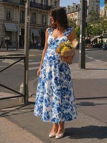 SHEIN Maternity Floral Print A-Line Dress With Wide Strap, Shirred Bust And Frill Trim Business Casual Elegant Outfit Daily Commute - Blue and White - View 10