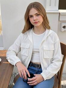 SHEIN 青少年女孩休閒百搭純色連帽外套 - 白色 - 查看 4