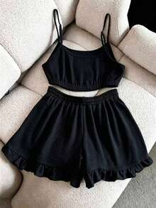 Franclia Women's Solid Color Camisole Top And Drawstring Waist Shorts Casual 2-Piece Set - Black - View 1
