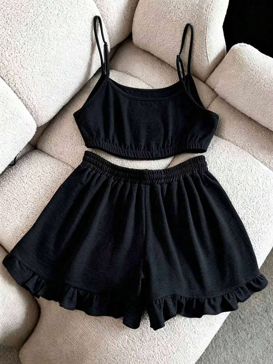 Franclia Women's Solid Color Camisole Top And Drawstring Waist Shorts Casual 2-Piece Set - Black - View 1