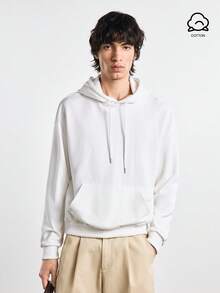 Merionis Men's High Cotton Content Solid Color Casual Basic Daily Drawstring Hooded Sweatshirt Back-To-School City Break Evening Holiday Party White Autumn - White - View 2