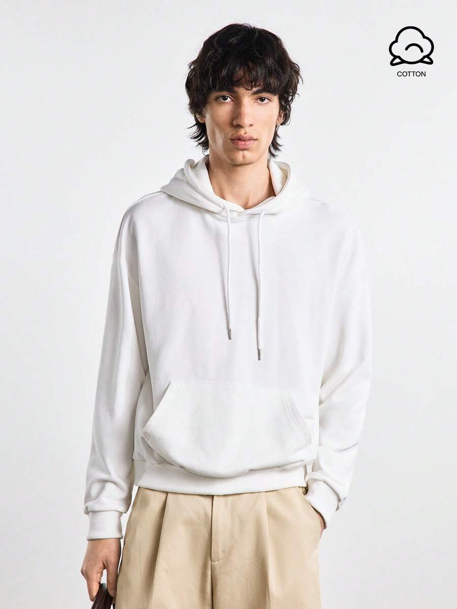 Merionis Men's High Cotton Content Solid Color Casual Basic Daily Drawstring Hooded Sweatshirt Back-To-School City Break Evening Holiday Party White Autumn