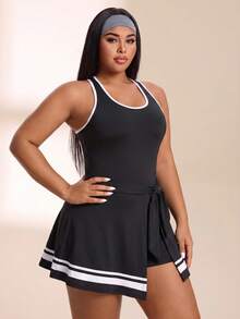 SHEIN Rhythm Era Women's Plus Size Colorblock Casual Daily Travel Sports Dress - Black and White - View 4