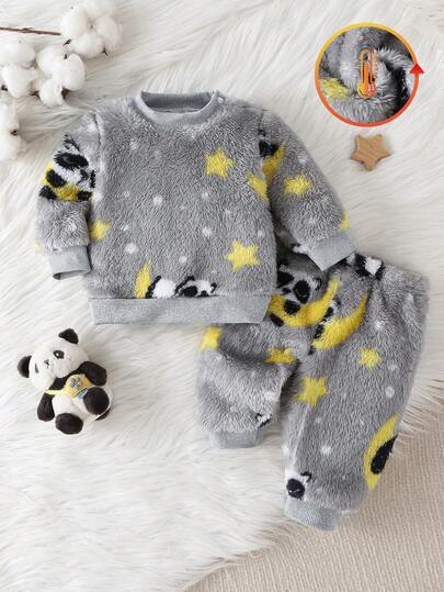 2pcs Newborn Round Neck Long Sleeve Long Pants Knit Comfortable Double-Sided Flannel Panda Cute Pattern, Grey, Best Gift For Newborns, Home Wear, Versatile Fashion, Best Choice