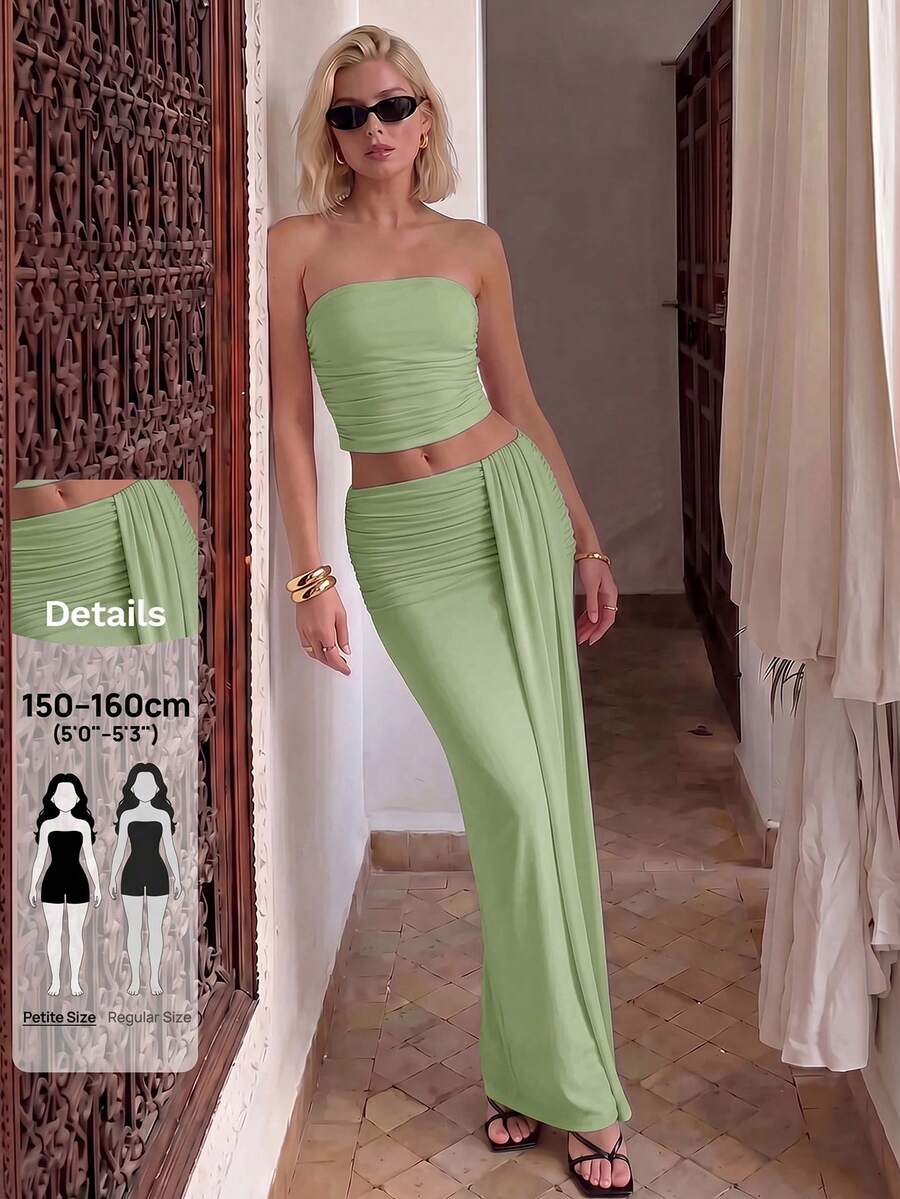 SHEIN PETITE Bandeau Mesh Top Low Waist Skirt Set Holiday Beach Sage Green Summer Sexy Tropical - Mint Green - View 1