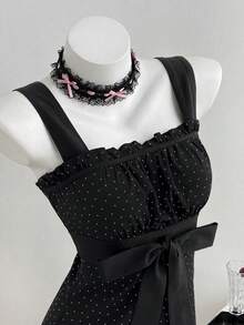 Elamini Women's Polka Dot Patchwork Tie Bow Dress, Sweet Y2K Style - Black - View 7