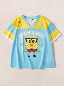 SpongeBob SquarePants | SHEIN Plus Size Women's Cute V-Neck Short Sleeve T-Shirt, - Blue - View 1