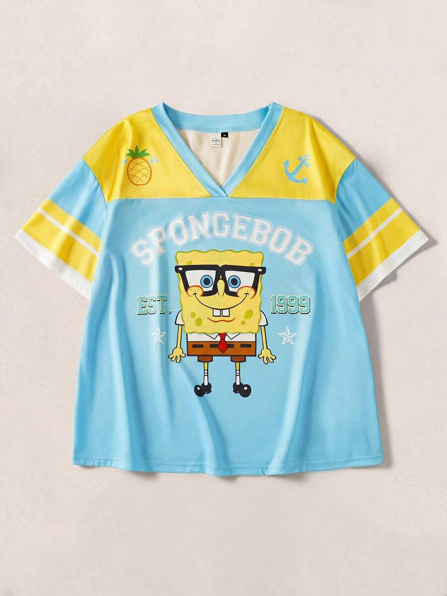SpongeBob SquarePants | SHEIN Plus Size Women's Cute V-Neck Short Sleeve T-Shirt, - Blue - View 1