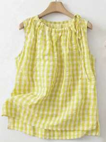 Linhara Plus Size Women Plaid Round Neck Casual Versatile Daily Wear Top - Yellow - View 1