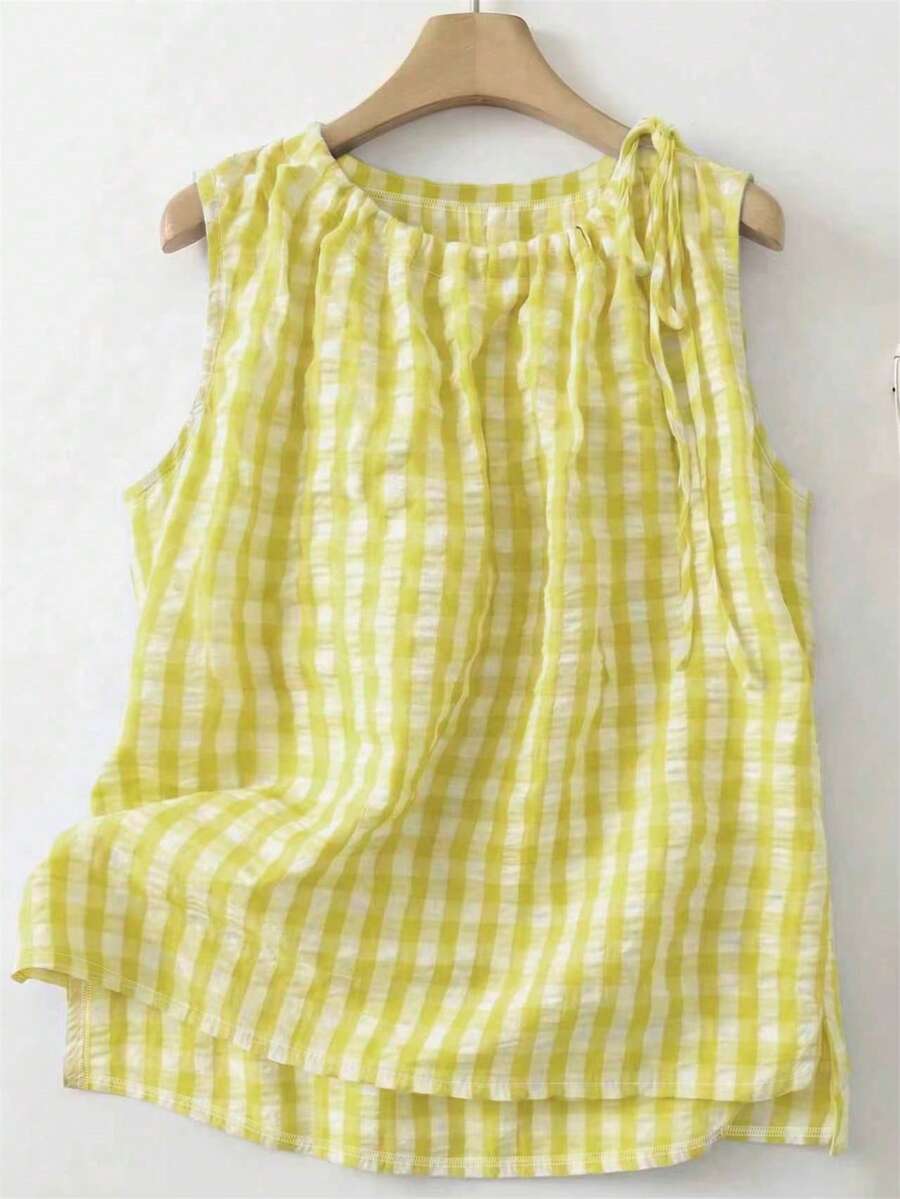 Linhara Plus Size Women Plaid Round Neck Casual Versatile Daily Wear Top - Yellow - View 1