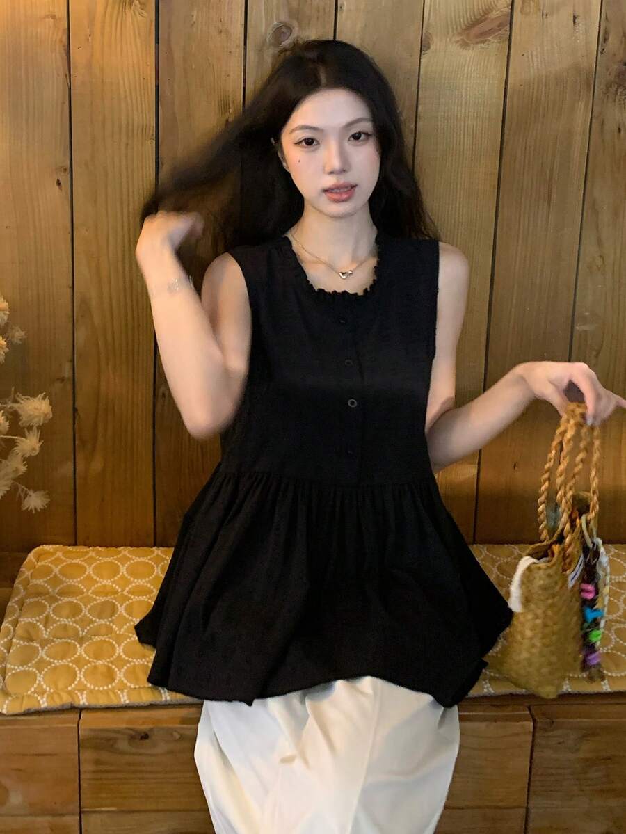 DAZY 女款夏季休閒純色無袖上衣 - 黑色 - 查看 1