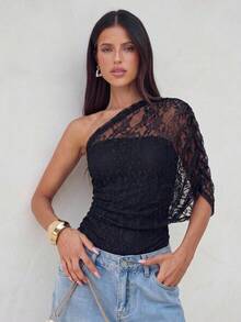 Aloruh Body de punto asimétrico con hombro asimétrico y patchwork de encaje negro elegante para mujer, Y2K, vacaciones, ir al trabajo, salir, Halloween, sexy, gótico - Negro - Ver 7