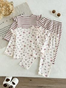 SHEIN Vintaside Kids 4件組女嬰休閒可愛花卉印花與經典條紋長袖上衣褲子套裝，適合春夏秋冬、室內、戶外、度假、旅行、假日、日常穿著 - 彩色 - 查看 2