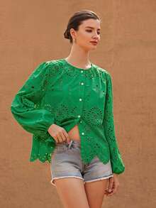 Frievida Women's Round Neck Embroidered Positioned Edge Long Sleeve Blouse Vacation Green Summer Boho Elegant - Olive Green - View 3