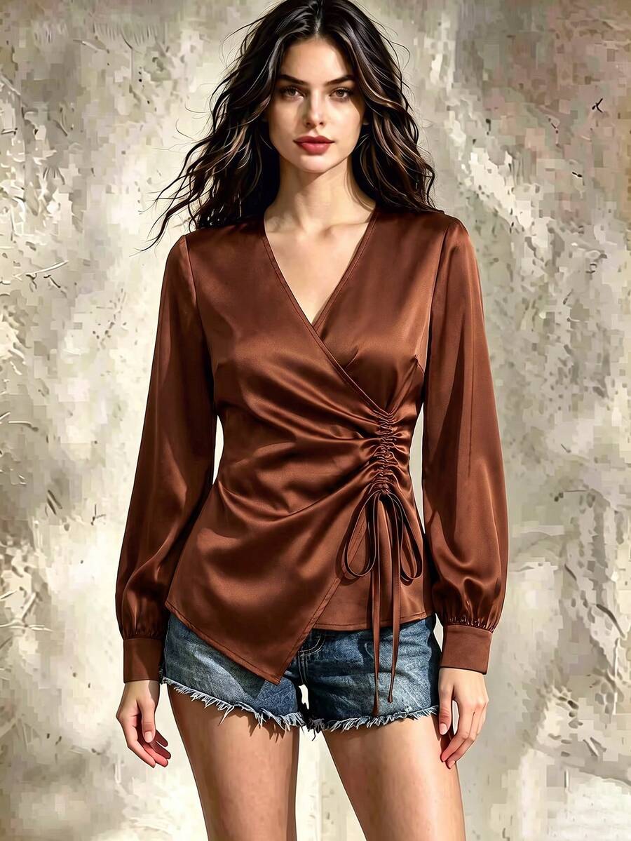Franclia Women's Chocolate Brown Long-Sleeved Shirt,Autumn Elegant Office Top,Smooth Fabric V-Neck Waist-Cinching Design For Spring To Summer - Brown - View 1
