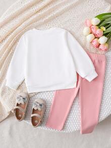 SHEIN Playful Pals 嬰兒幼兒休閒日常可愛衛衣套裝，3D鉤編粉色與白色花朵蝴蝶結印花，透明俏皮上衣，針織底層，彈性刷毛布料，女嬰秋季套裝褲，適合日常休閒、度假、運動，可愛穿搭 - 粉色 - 查看 3