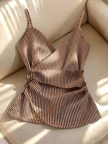 SHEIN Franclia Spring/Summer New High-End French Striped Pattern Pleated Decor Button-Up Elegant Sophisticated Women's Top + Striped Shorts, Women's Shorts, Sleeveless Top, Spring Clothing, Summer Outfit, Women's Spring/Summer Set, Women's Blue And White Two Pieces Set, Vacation, Outing, Y2K, Spring, Summer, Back To School, Casual, Beach, Business, Women's Spring/Summer Set - Rust Brown - View 3