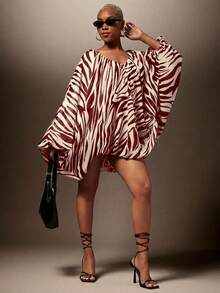 Vixey Zebra Print Chiffon Oversized Batwing Bubble Hem Dress With Lining, Bold Color Party Dress, Summer/Fall - Burgundy - View 3