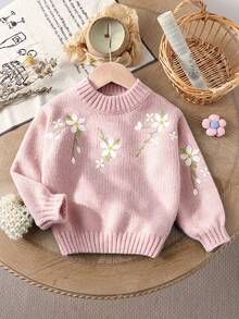 SHEIN Vintaside Kids 女童毛衣 時尚簡約可愛獨特刺繡圓領套頭衫 復古田園風綠色刺繡毛衣 秋冬款 - 粉色 - 查看 1