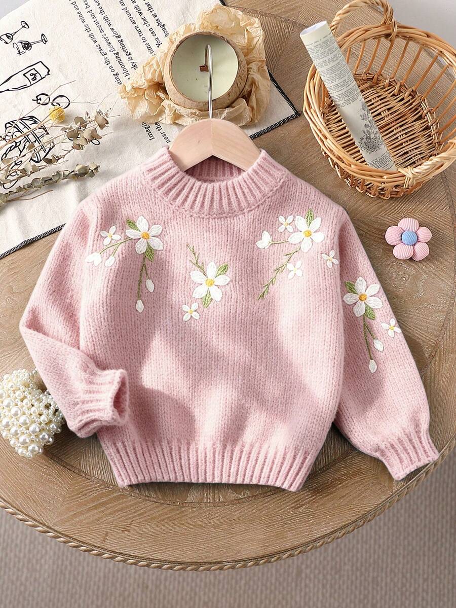 SHEIN Vintaside Kids 女童毛衣 時尚簡約可愛獨特刺繡圓領套頭衫 復古田園風綠色刺繡毛衣 秋冬款 - 粉色 - 查看 1