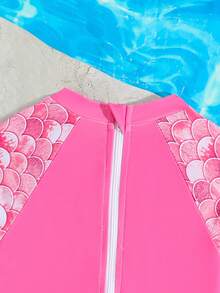 SHEIN Baby Girls One-Piece Swimsuit Mermaid Print Long Sleeve Long Pants Rash Guard Zipper Bathing Suit,Cute Cartoon Fish Scale Princess Swimwear Holiday - Pink - View 3